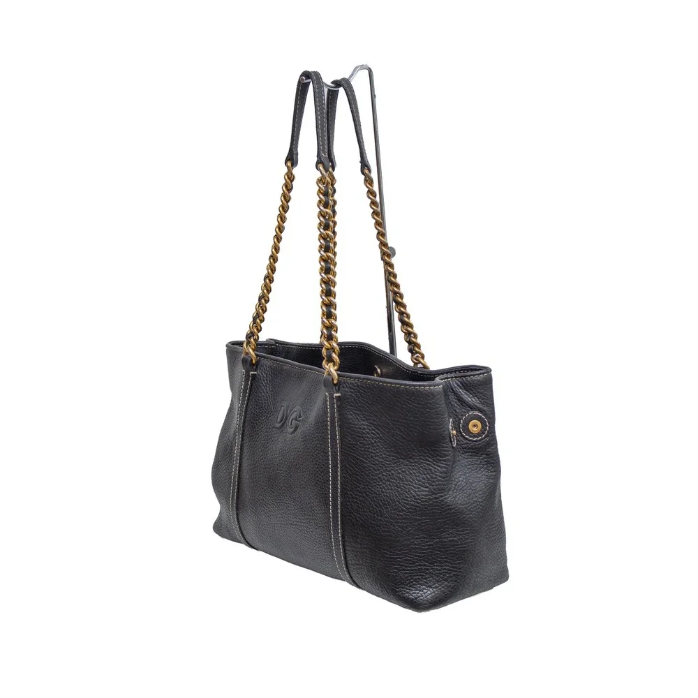 Dolce & Gabbana Black Pebbled Leather Chain Shoulder Tote Bag DG Leopard